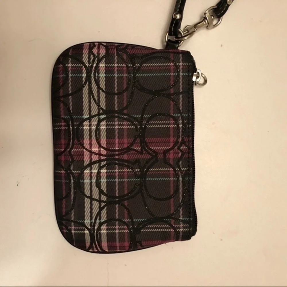 Coach pink black plaid wristlet